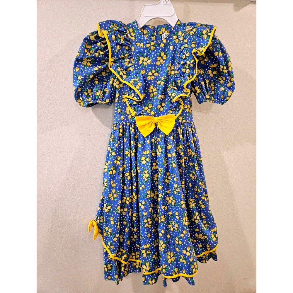 Jayne Copeland Vintage Girls Blue Yellow Polka Dot‎ Floral Ruffle Dress Size 10